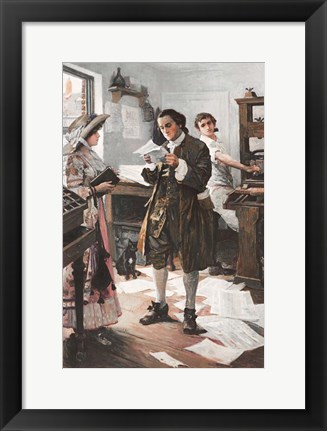 Framed Benjamin Franklin in his Philadephia printing Shop Print