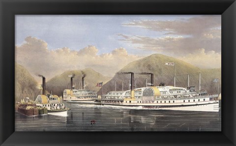 Framed American Steamboats on the Hudson River passing the Highlands, 1874 Print