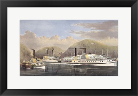 Framed American Steamboats on the Hudson River passing the Highlands, 1874 Print