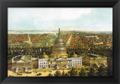 Framed Bird&#39;s eye view of Washington DC with the US Capitol up front Print