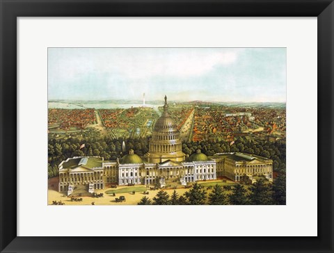 Framed Bird&#39;s eye view of Washington DC with the US Capitol up front Print