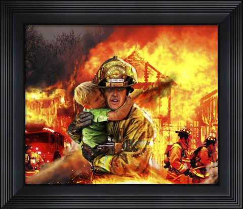 Framed Fireman saving a Boy from a Burning Building Print