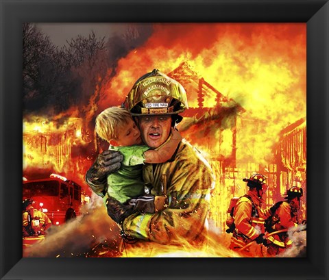 Framed Fireman saving a Boy from a Burning Building Print