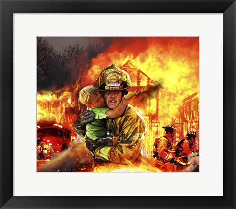 Framed Fireman saving a Boy from a Burning Building Print