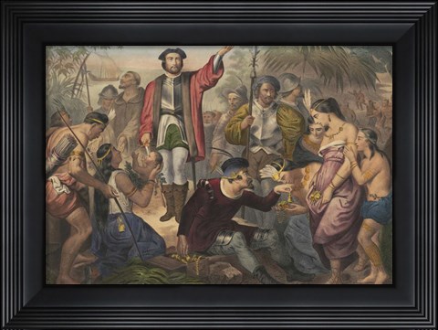 Framed Christopher Columbus among Indians in the New World Print