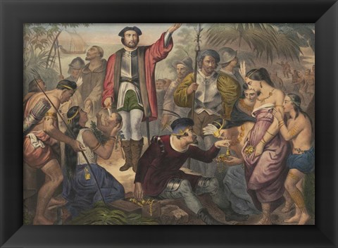 Framed Christopher Columbus among Indians in the New World Print