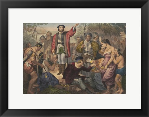 Framed Christopher Columbus among Indians in the New World Print