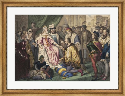 Framed Christopher Columbus kneeling in front of Queen Isabella I Print