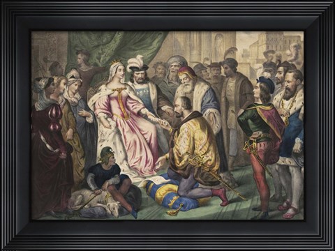 Framed Christopher Columbus kneeling in front of Queen Isabella I Print