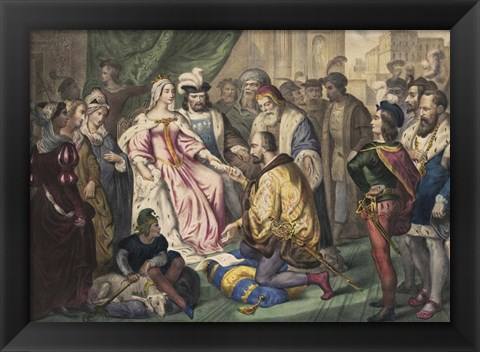 Framed Christopher Columbus kneeling in front of Queen Isabella I Print