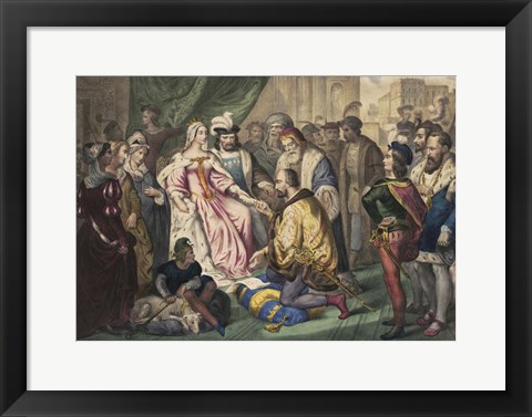 Framed Christopher Columbus kneeling in front of Queen Isabella I Print