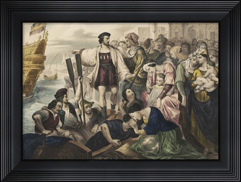 Framed Christopher Columbus leaving the port of Palos, Spain, for the New World Print