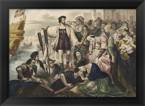 Framed Christopher Columbus leaving the port of Palos, Spain, for the New World Print