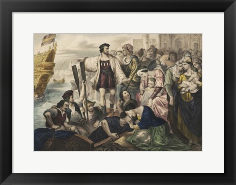 Framed Christopher Columbus leaving the port of Palos, Spain, for the New World Print