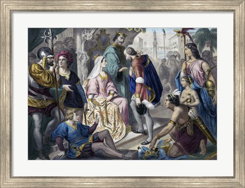 Framed Christopher Columbus Greeted by King Ferdinand and Queen Isabella on his return to Spain Print