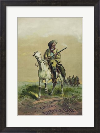 Framed Buffalo Bill on horseback, holding Smoking Rifle Print