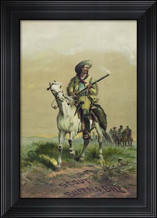 Framed Buffalo Bill on horseback, holding Smoking Rifle Print
