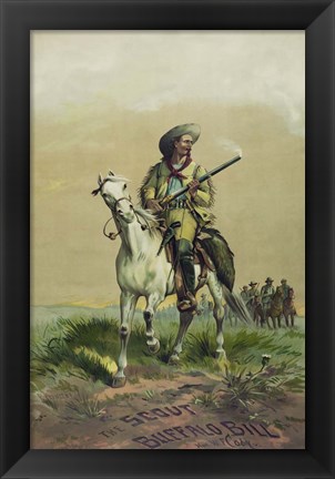 Framed Buffalo Bill on horseback, holding Smoking Rifle Print