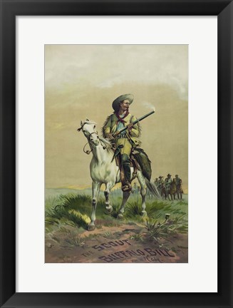 Framed Buffalo Bill on horseback, holding Smoking Rifle Print