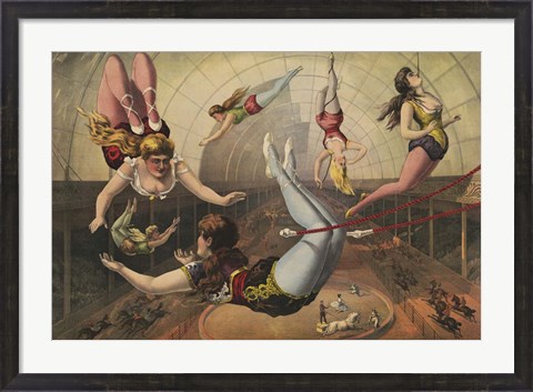 Framed Female Acrobats on Trapezes at Circus Print
