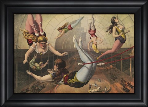 Framed Female Acrobats on Trapezes at Circus Print