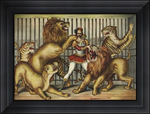 Framed Lion Tamer in Cage with Lions and Tigers Print