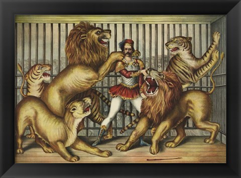 Framed Lion Tamer in Cage with Lions and Tigers Print