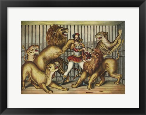 Framed Lion Tamer in Cage with Lions and Tigers Print