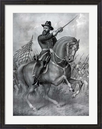 Framed General Benjamin Harrison on horseback, during the Battle of Resaca Print