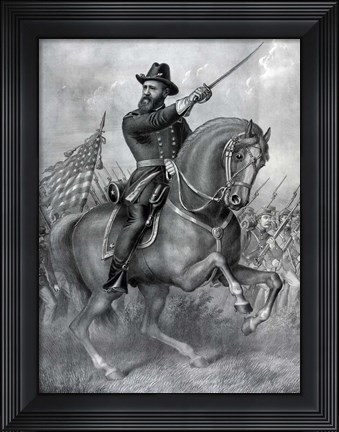 Framed General Benjamin Harrison on horseback, during the Battle of Resaca Print