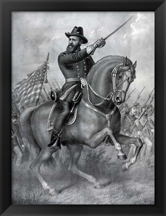 Framed General Benjamin Harrison on horseback, during the Battle of Resaca Print