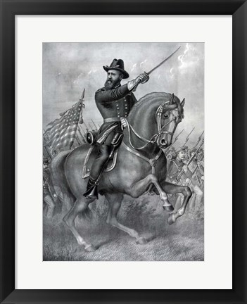 Framed General Benjamin Harrison on horseback, during the Battle of Resaca Print