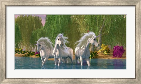 Framed Unicorns Cool Off in a Summer Stream Print
