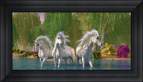 Framed Unicorns Cool Off in a Summer Stream Print