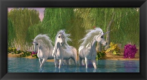 Framed Unicorns Cool Off in a Summer Stream Print