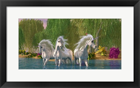 Framed Unicorns Cool Off in a Summer Stream Print