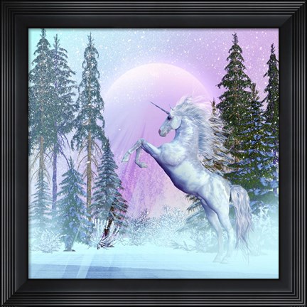 Framed Unicorn Rearing Up in a Mythical Forest Print