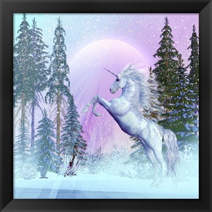 Framed Unicorn Rearing Up in a Mythical Forest Print