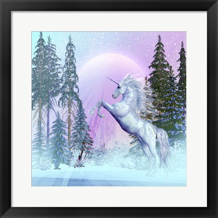 Framed Unicorn Rearing Up in a Mythical Forest Print