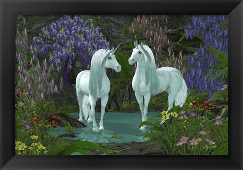 Framed Mare and Stallion White Unicorns Print