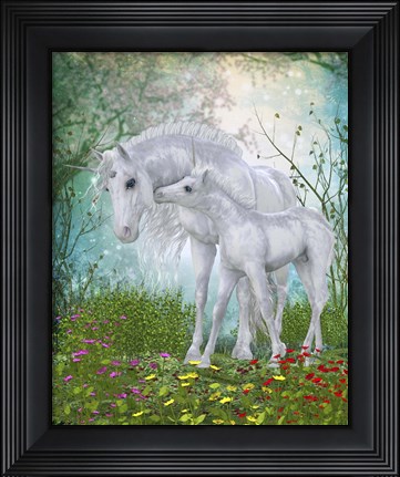 Framed Unicorn Foal with Mother  in a Magical Forest Print
