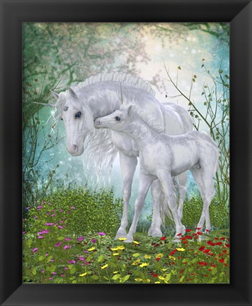 Framed Unicorn Foal with Mother  in a Magical Forest Print