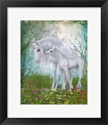 Framed Unicorn Foal with Mother  in a Magical Forest Print