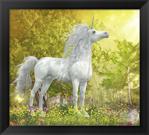 Framed White Unicorn Stallion Stands in a Meadow Full of Flowers Print