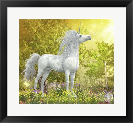 Framed White Unicorn Stallion Stands in a Meadow Full of Flowers Print