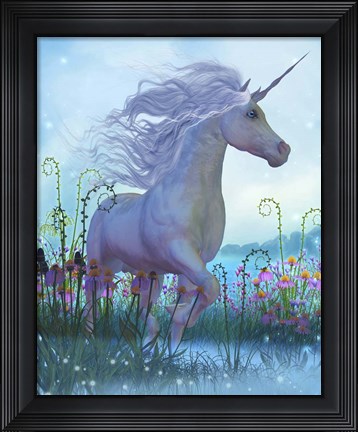 Framed White Unicorn Stallion in a Garden Full of Flowers and Plants Print