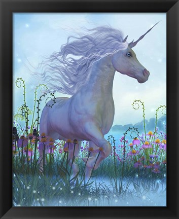 Framed White Unicorn Stallion in a Garden Full of Flowers and Plants Print