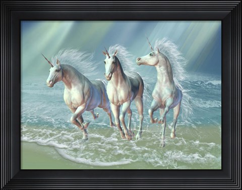 Framed Herd of Unicorns Gallop Through the Waves Print