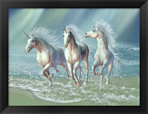 Framed Herd of Unicorns Gallop Through the Waves Print