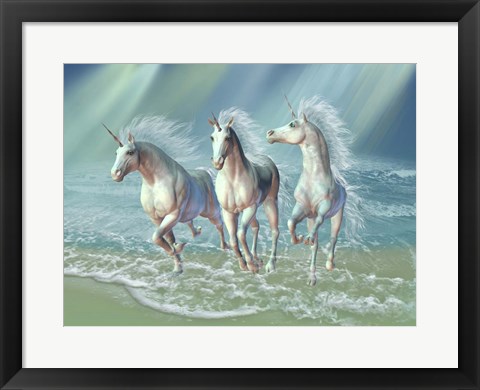 Framed Herd of Unicorns Gallop Through the Waves Print